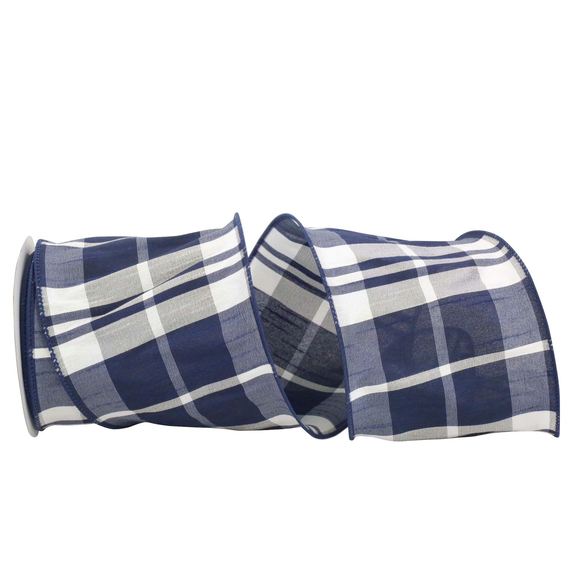 JAM Paper 4" x 10yd. Navy Burbank Plaid Wired Dupioni Ribbon